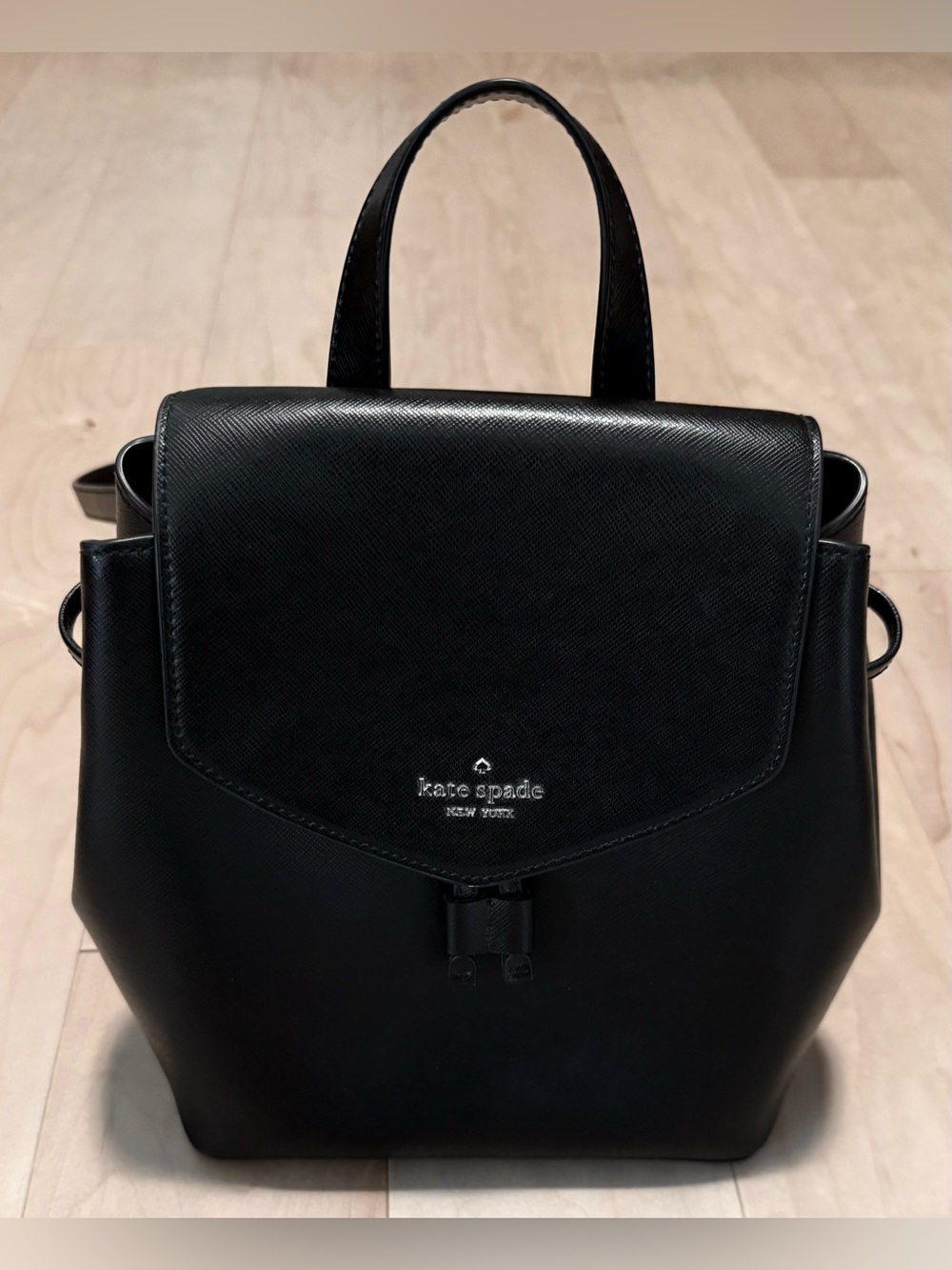 Kate Spade New York Lizzie Medium Flap Backpack Saffiano Leather Black Tassel